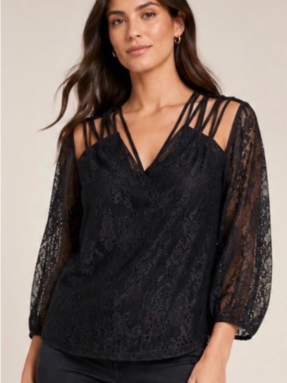 Bebe Black Lace Multi-Strap Blouse Size Small